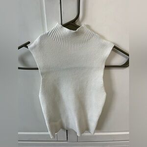 White Ribbed Sleeveless Mockneck Top XS